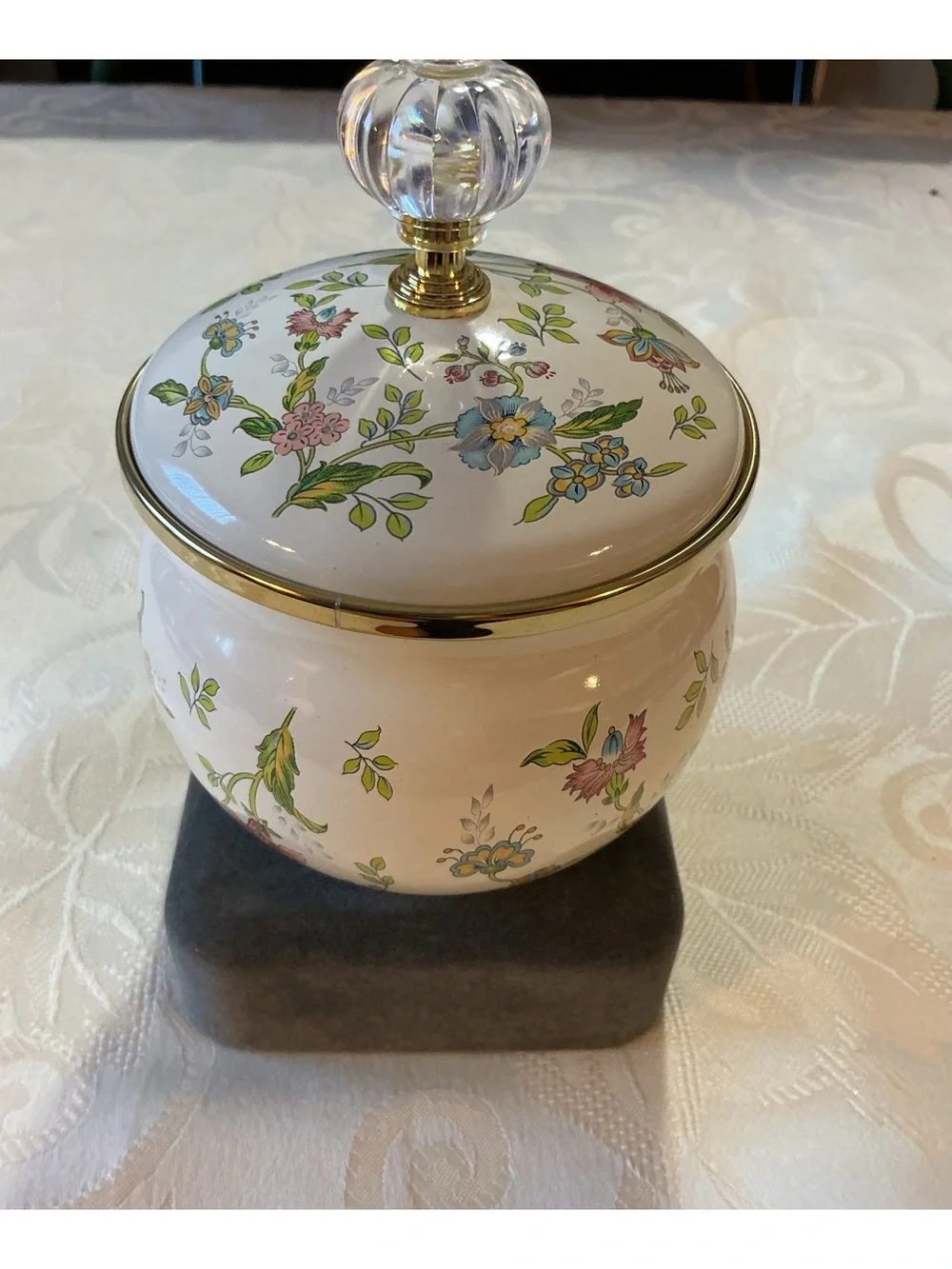 Cottagecore Floral Enamel Cream and Gold Tone Lidded Jar